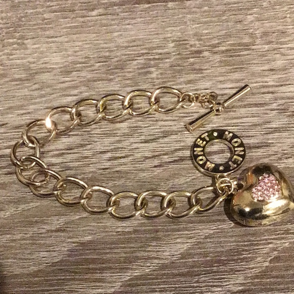 Vintage MONET Bracelet Heart Locket Charm Gold Tone Pink Rhinestone Signed - Picture 2 of 6
